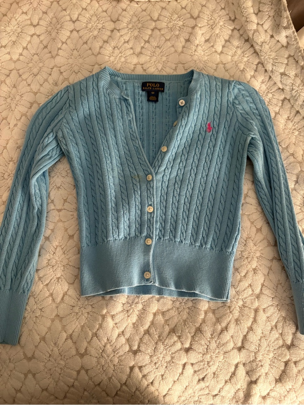 Polo by Ralph Lauren Sky Blue Cable-Knit Cardigan with Pink Pony